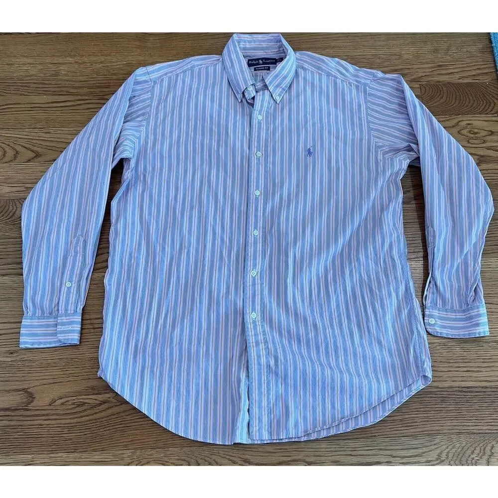 Polo Ralph Lauren Men's Shirt Long Sleeve Pink Green Orange Striped Size‎ L